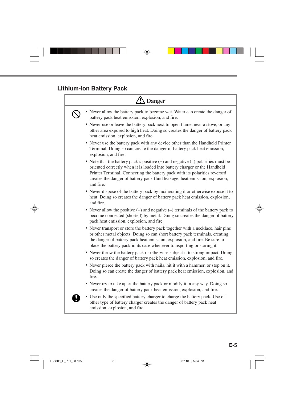 Lithium-ion battery pack danger | Casio IT-3000 User Manual | Page 7 / 79