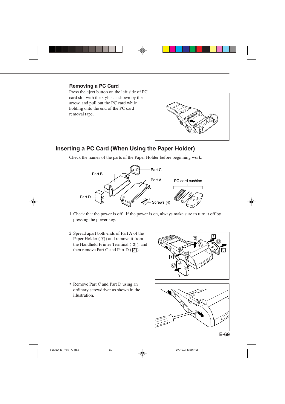 Inserting a pc card (when using the paper holder) | Casio IT-3000 User Manual | Page 71 / 79