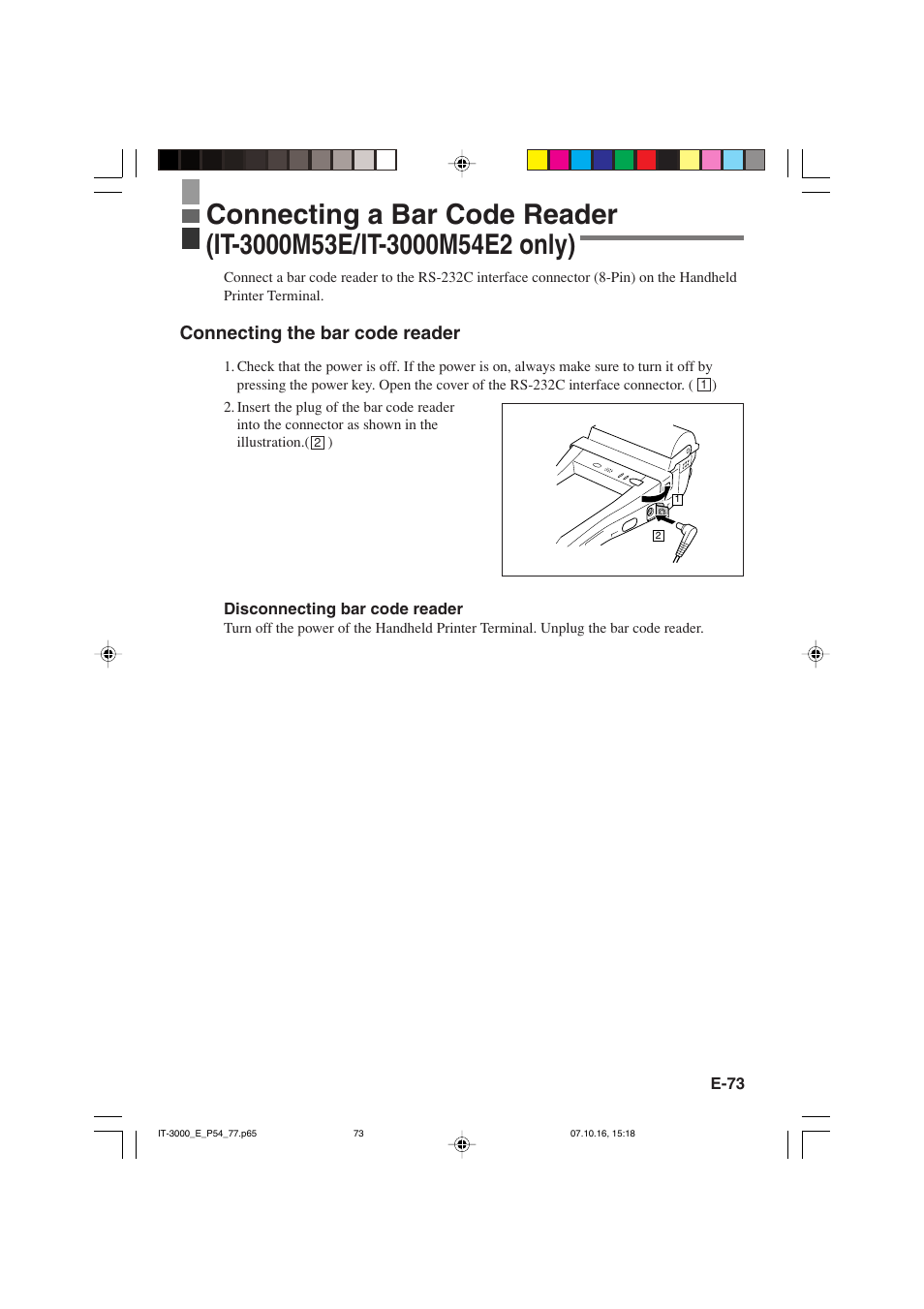 Connecting the bar code reader | Casio IT-3000 User Manual | Page 75 / 79