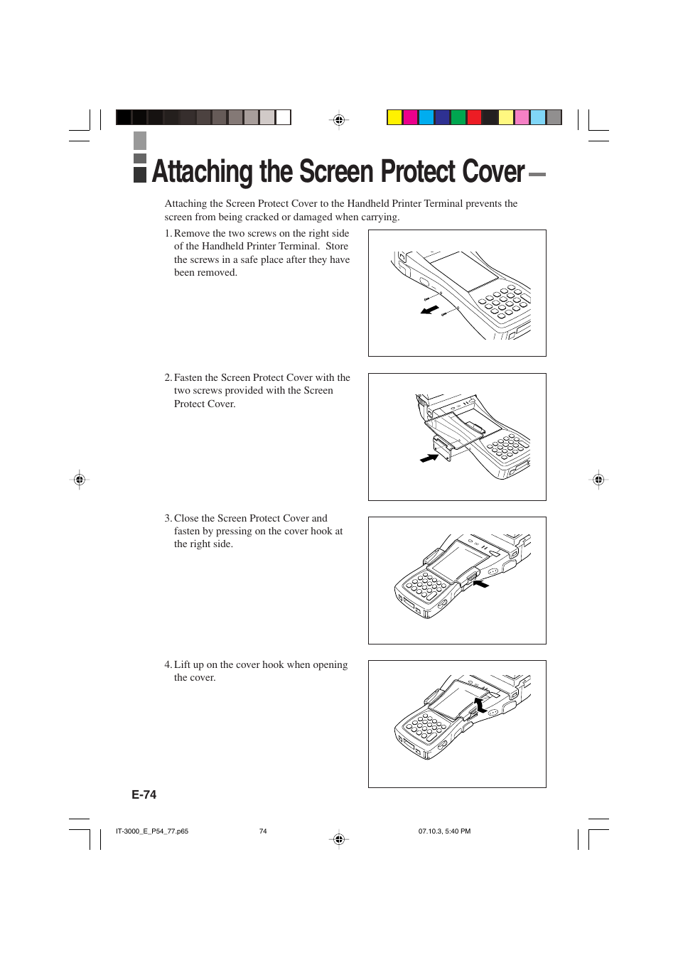 Attaching the screen protect cover | Casio IT-3000 User Manual | Page 76 / 79