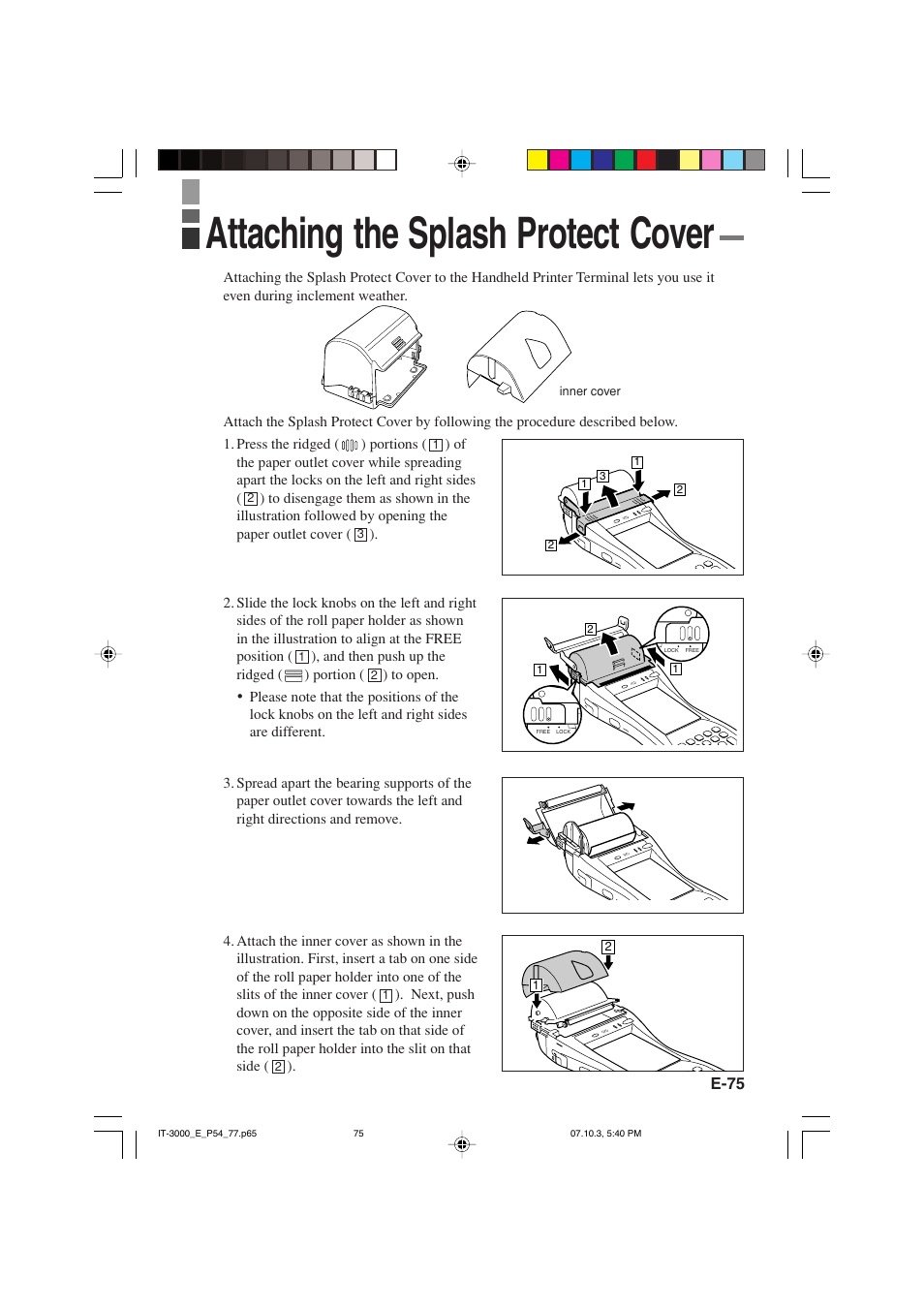 Attaching the splash protect cover | Casio IT-3000 User Manual | Page 77 / 79