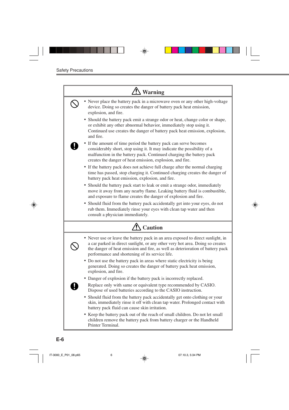 Warning, Caution | Casio IT-3000 User Manual | Page 8 / 79