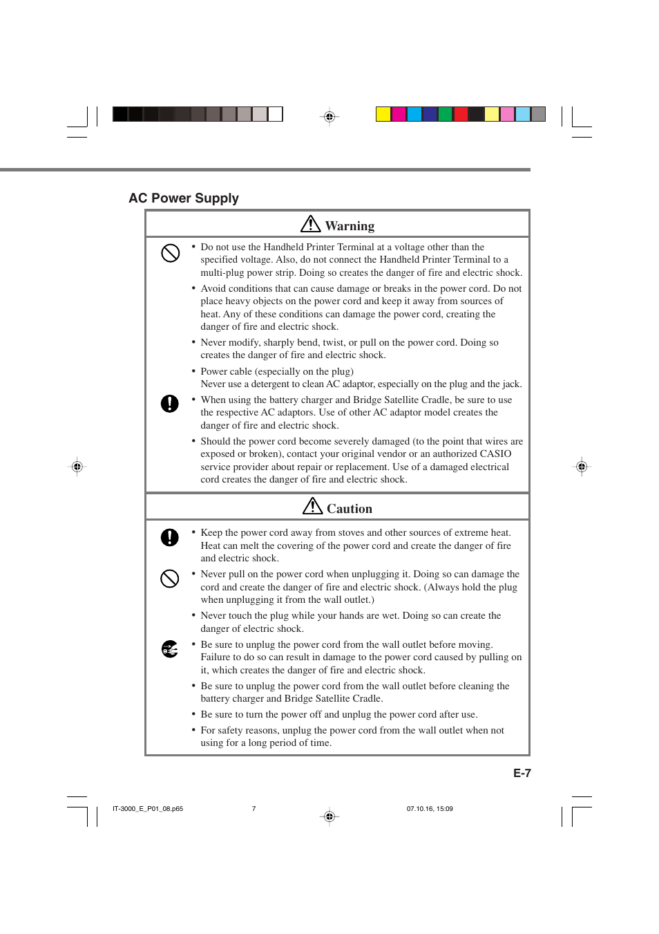 Ac power supply warning, Caution | Casio IT-3000 User Manual | Page 9 / 79