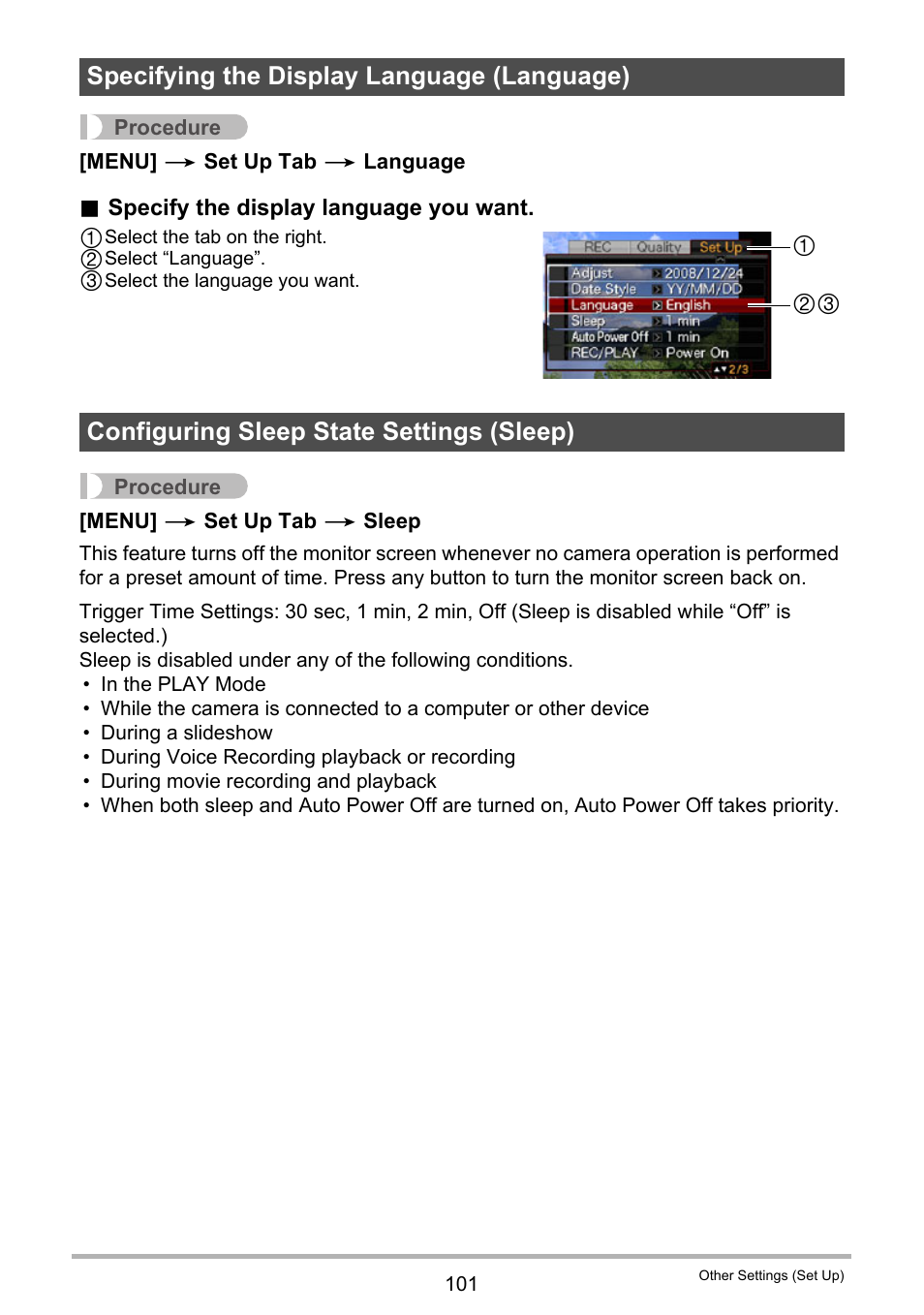 Specifying the display language (language), Configuring sleep state settings (sleep) | Casio EXILIM K1190PCM2DMX User Manual | Page 101 / 139