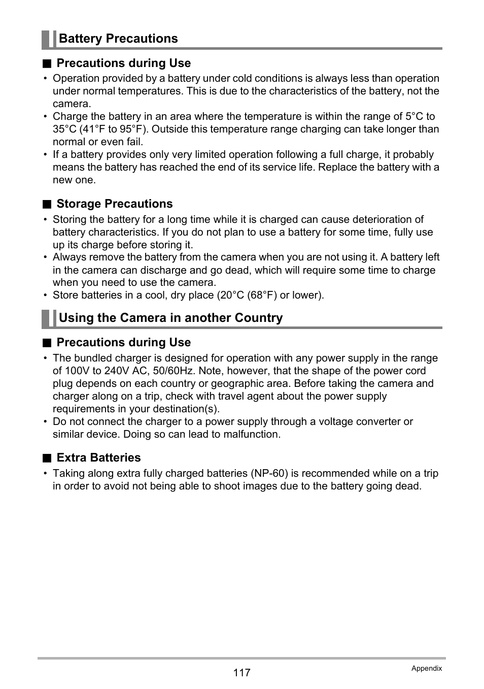 Battery precautions, Using the camera in another country | Casio EXILIM K1190PCM2DMX User Manual | Page 117 / 139