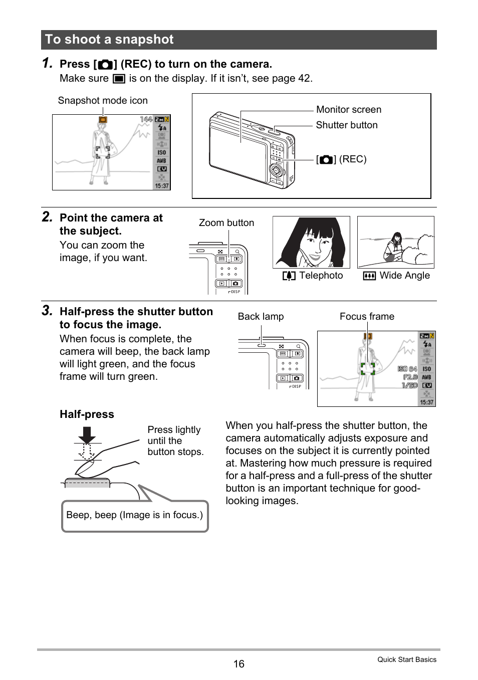 To shoot a snapshot | Casio EXILIM K1190PCM2DMX User Manual | Page 16 / 139