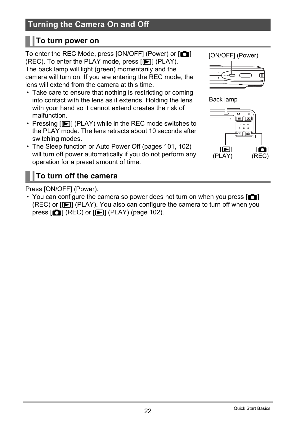 Turning the camera on and off, To turn power on, To turn off the camera | Casio EXILIM K1190PCM2DMX User Manual | Page 22 / 139