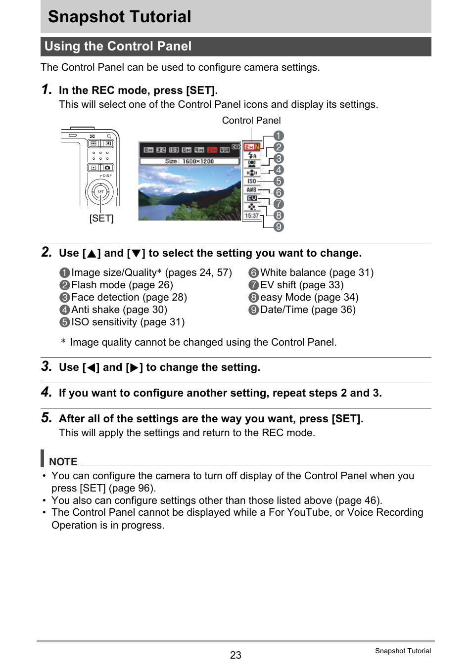 Snapshot tutorial, Using the control panel | Casio EXILIM K1190PCM2DMX User Manual | Page 23 / 139