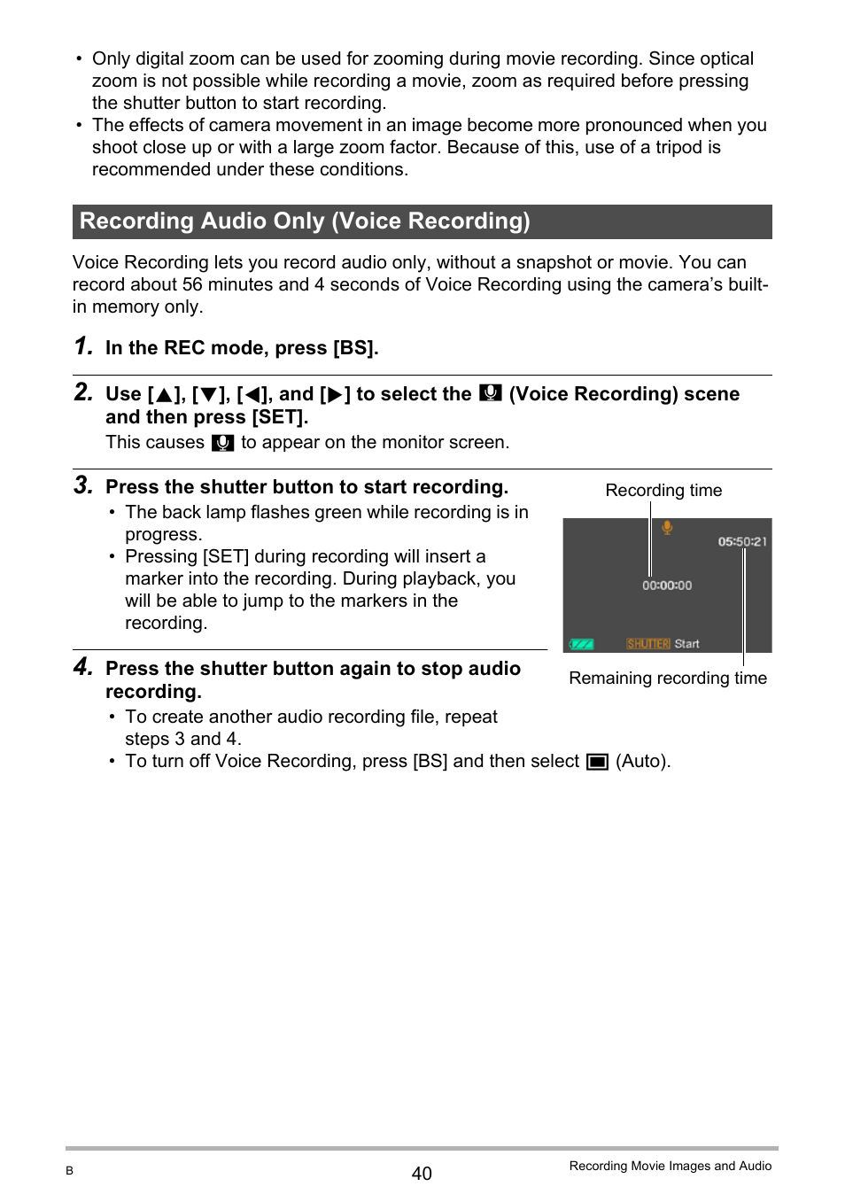 Recording audio only (voice recording) | Casio EXILIM K1190PCM2DMX User Manual | Page 40 / 139