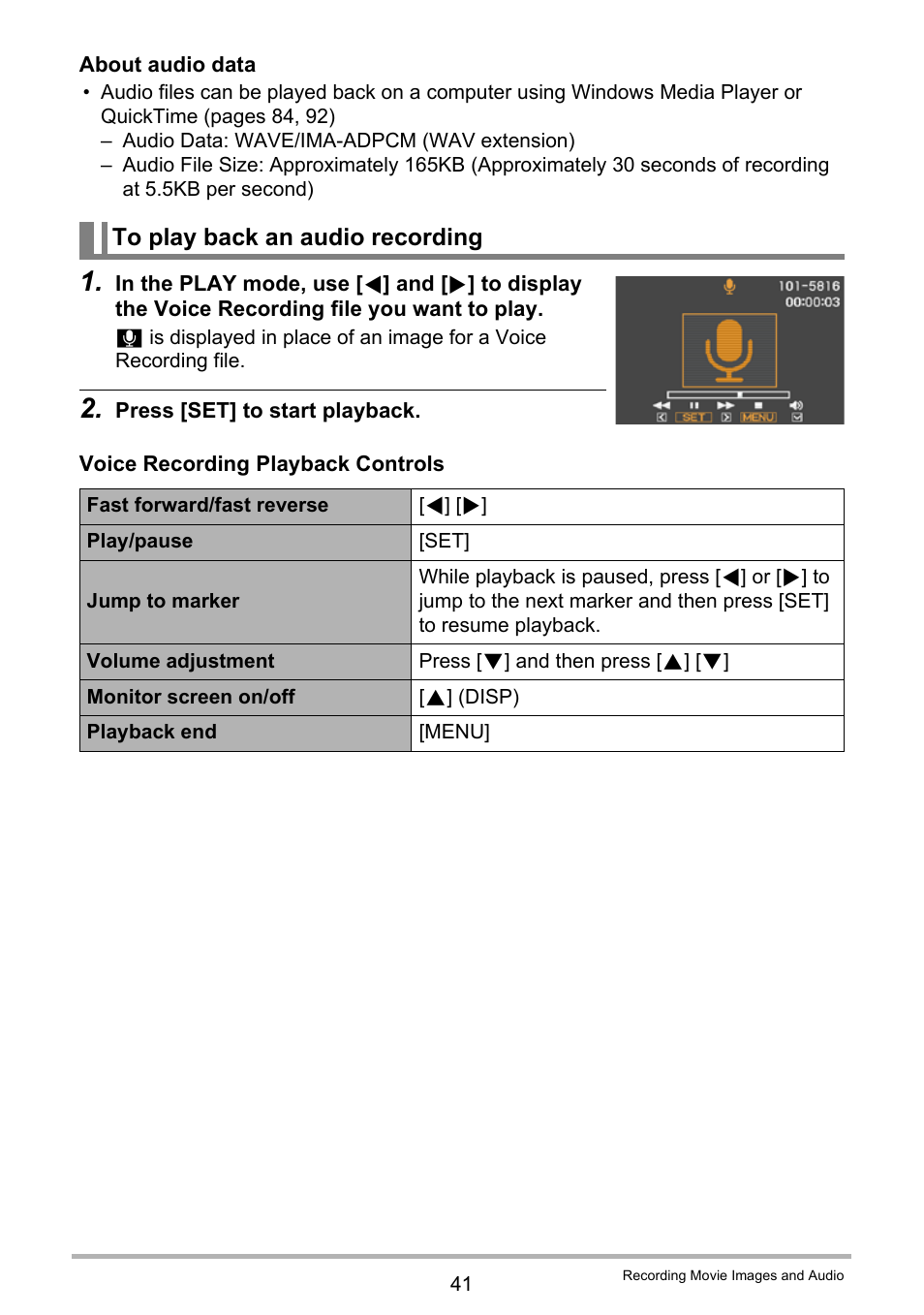 To play back an audio recording | Casio EXILIM K1190PCM2DMX User Manual | Page 41 / 139