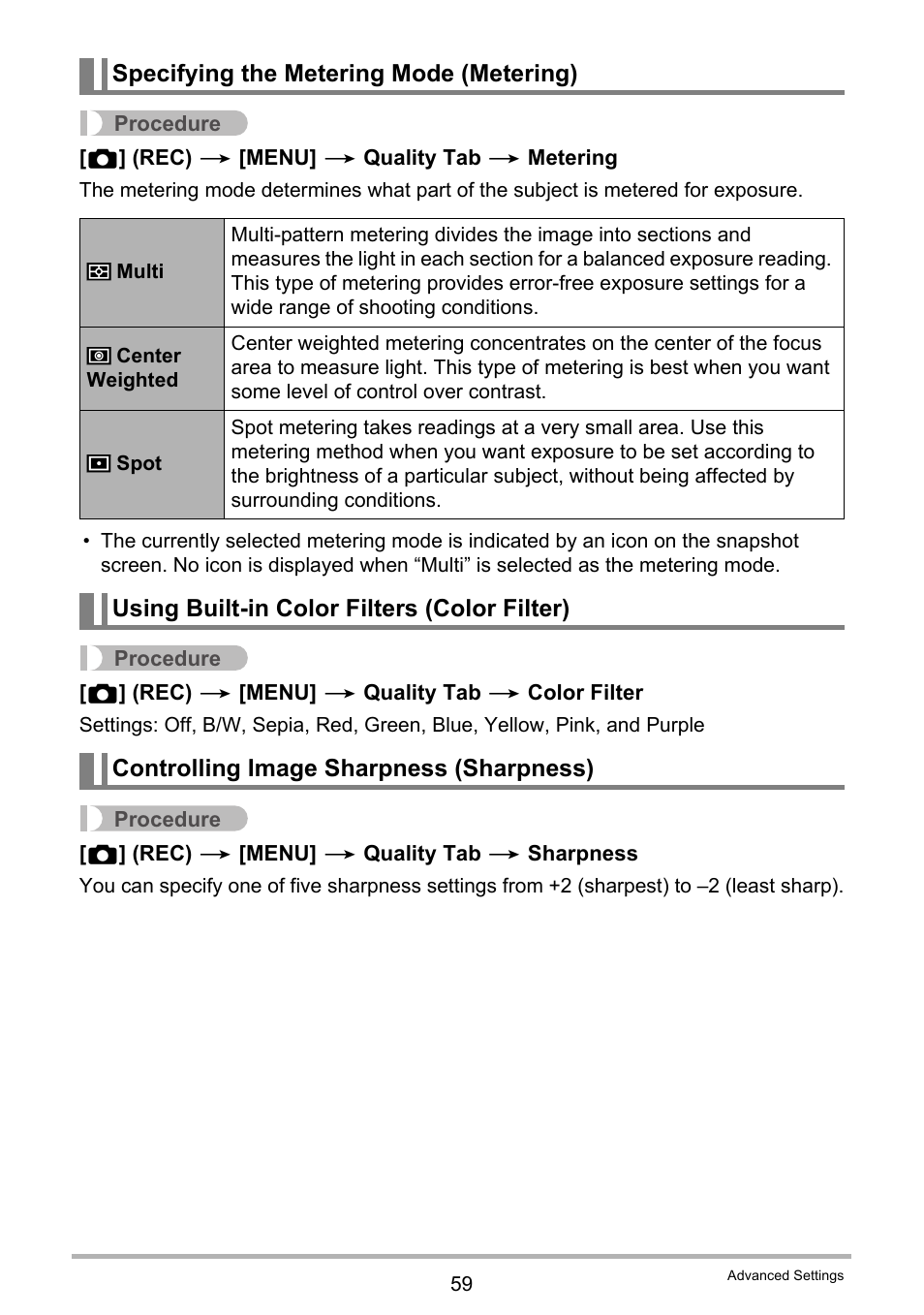 Specifying the metering mode (metering), Using built-in color filters (color filter), Controlling image sharpness (sharpness) | Casio EXILIM K1190PCM2DMX User Manual | Page 59 / 139