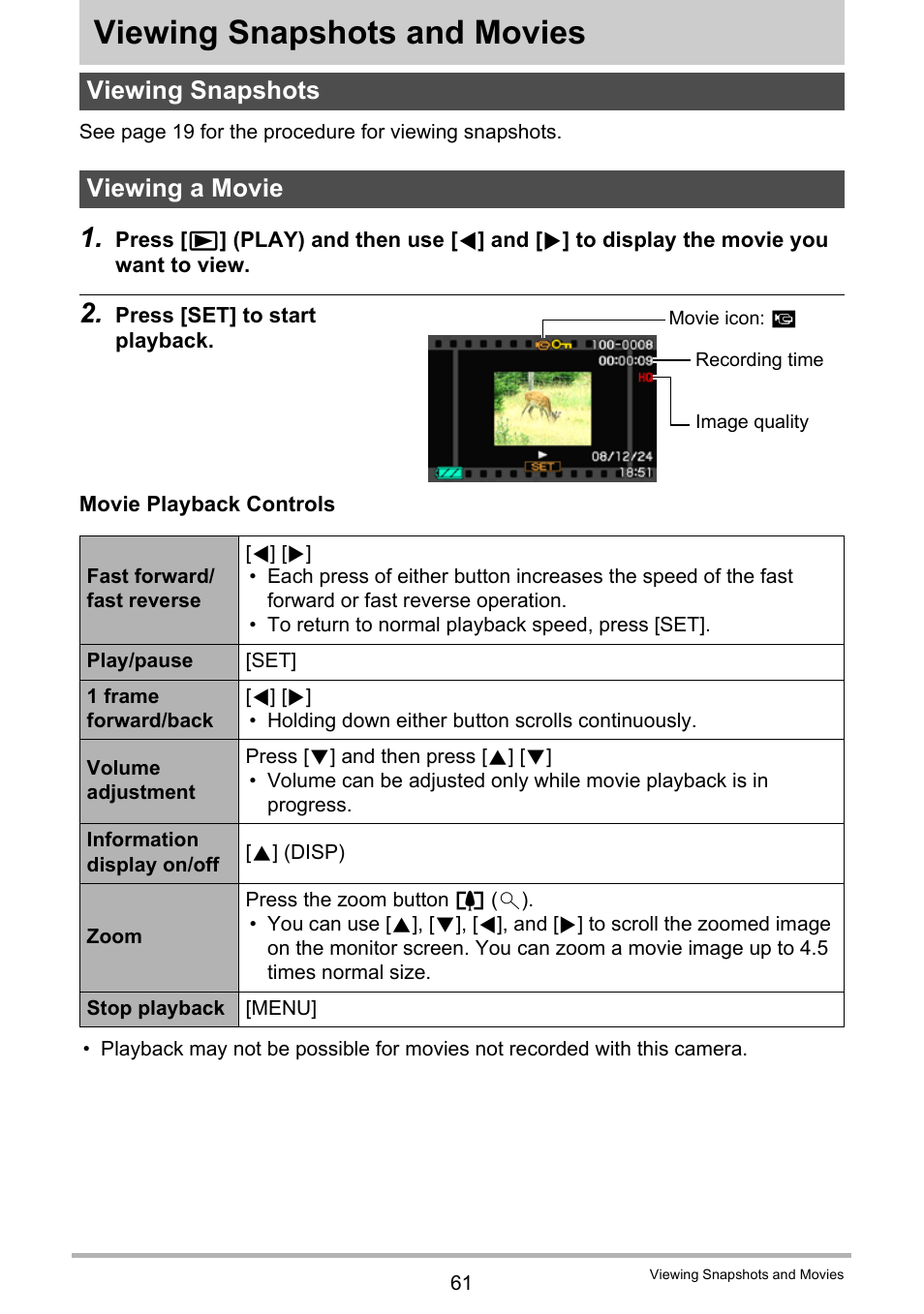 Viewing snapshots and movies, Viewing snapshots, Viewing a movie | Viewing snapshots viewing a movie, Age 61 | Casio EXILIM K1190PCM2DMX User Manual | Page 61 / 139