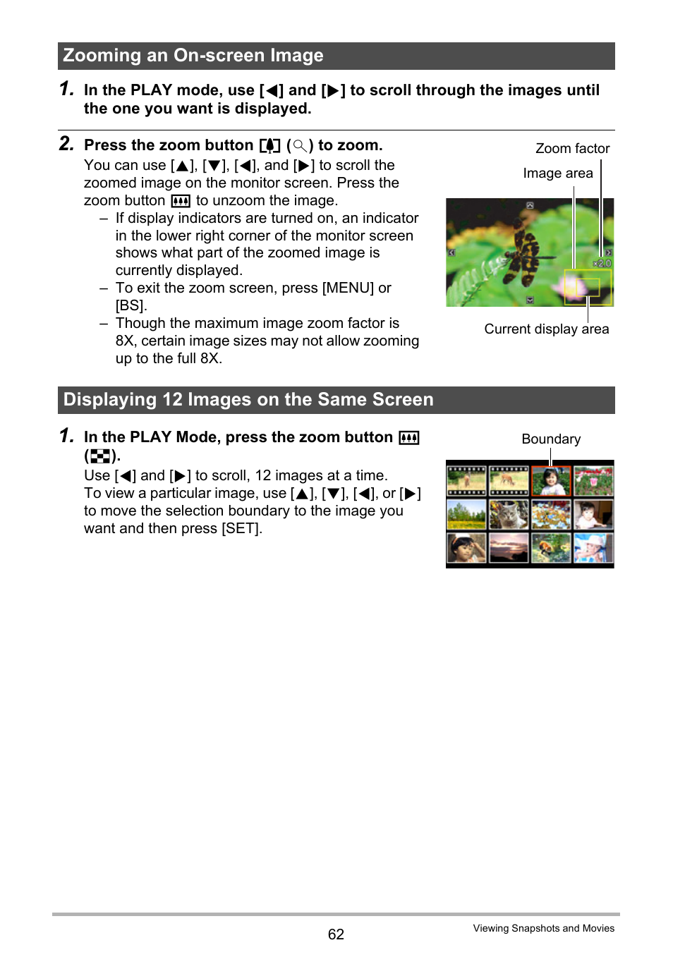 Zooming an on-screen image, Displaying 12 images on the same screen | Casio EXILIM K1190PCM2DMX User Manual | Page 62 / 139