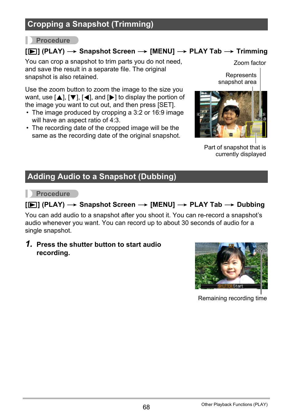 Cropping a snapshot (trimming), Adding audio to a snapshot (dubbing) | Casio EXILIM K1190PCM2DMX User Manual | Page 68 / 139
