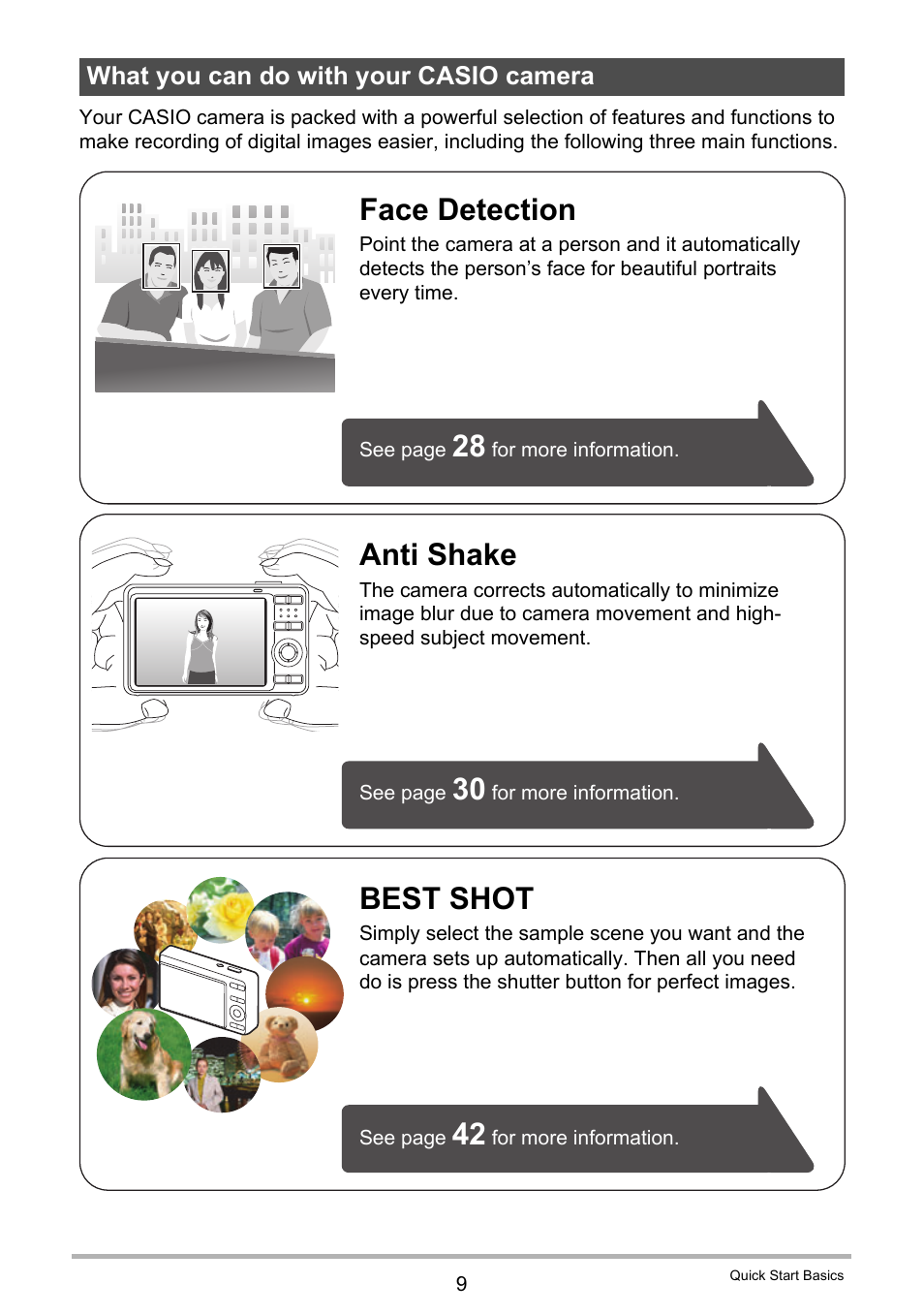 What you can do with your casio camera, Best shot, Anti shake | Face detection | Casio EXILIM K1190PCM2DMX User Manual | Page 9 / 139