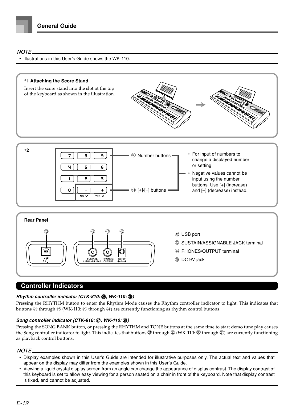 Controller indicators, E-12 general guide | Casio WK110 User Manual | Page 14 / 71