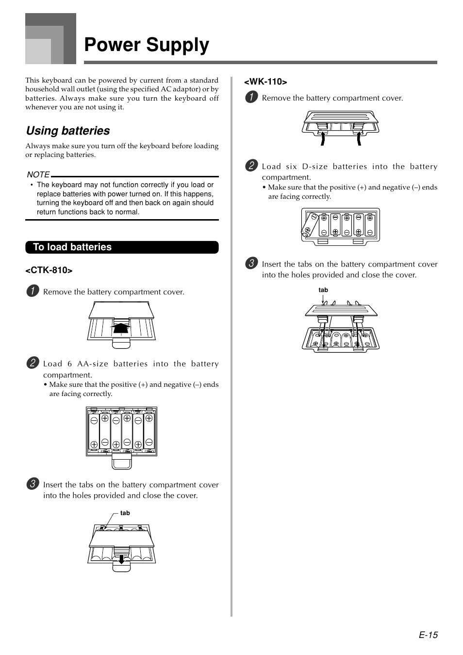 Power supply, Using batteries | Casio WK110 User Manual | Page 17 / 71