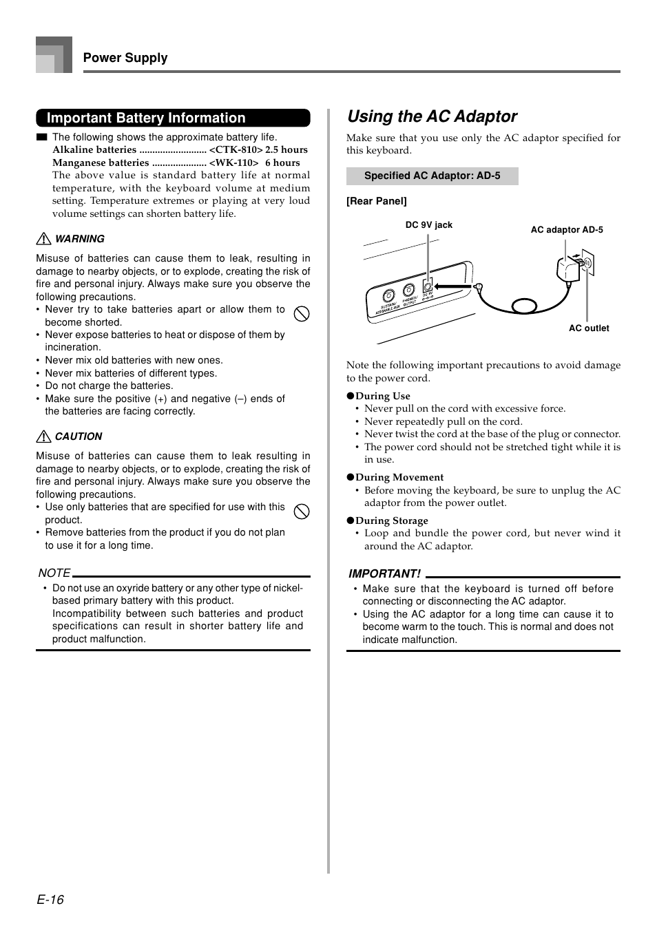 Using the ac adaptor, Important battery information, E-16 power supply | Casio WK110 User Manual | Page 18 / 71