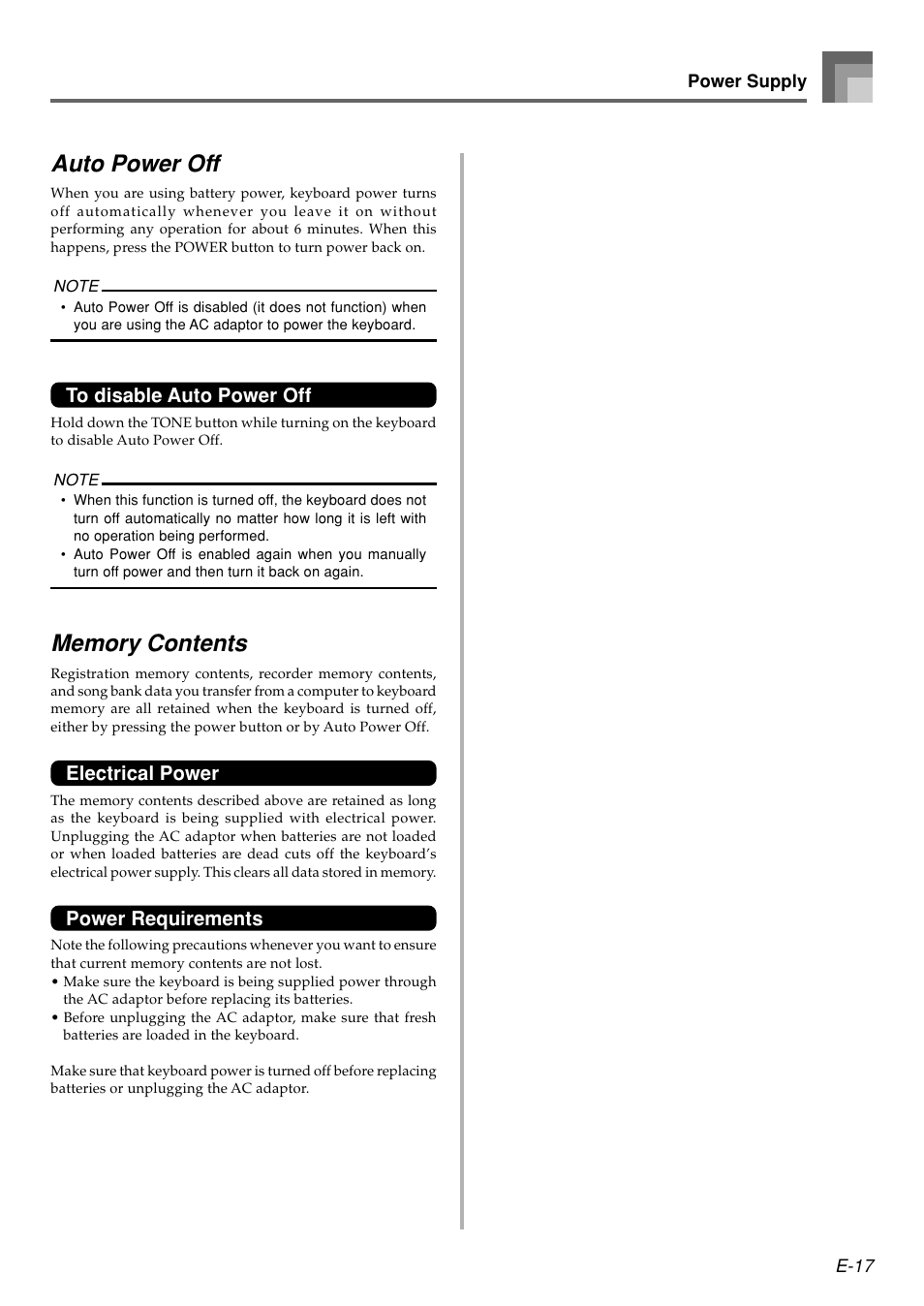 Auto power off, Electrical power, Power requirements | Casio WK110 User Manual | Page 19 / 71