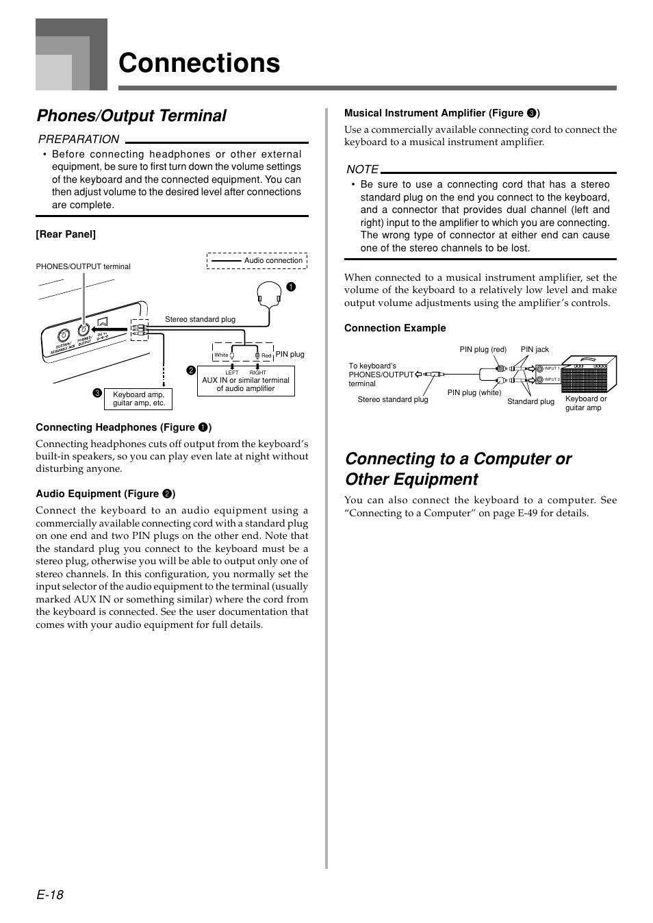 Connections, Phones/output terminal, Connecting to a computer or other equipment | E-18, Preparation | Casio WK110 User Manual | Page 20 / 71