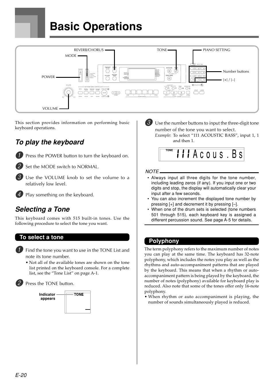 Basic operations, Selecting a tone | Casio WK110 User Manual | Page 22 / 71