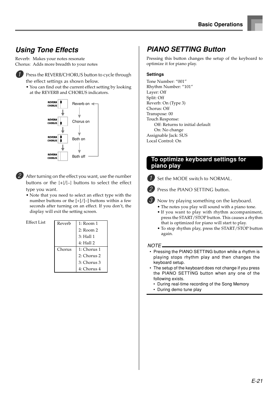 Using tone effects, Piano setting button | Casio WK110 User Manual | Page 23 / 71