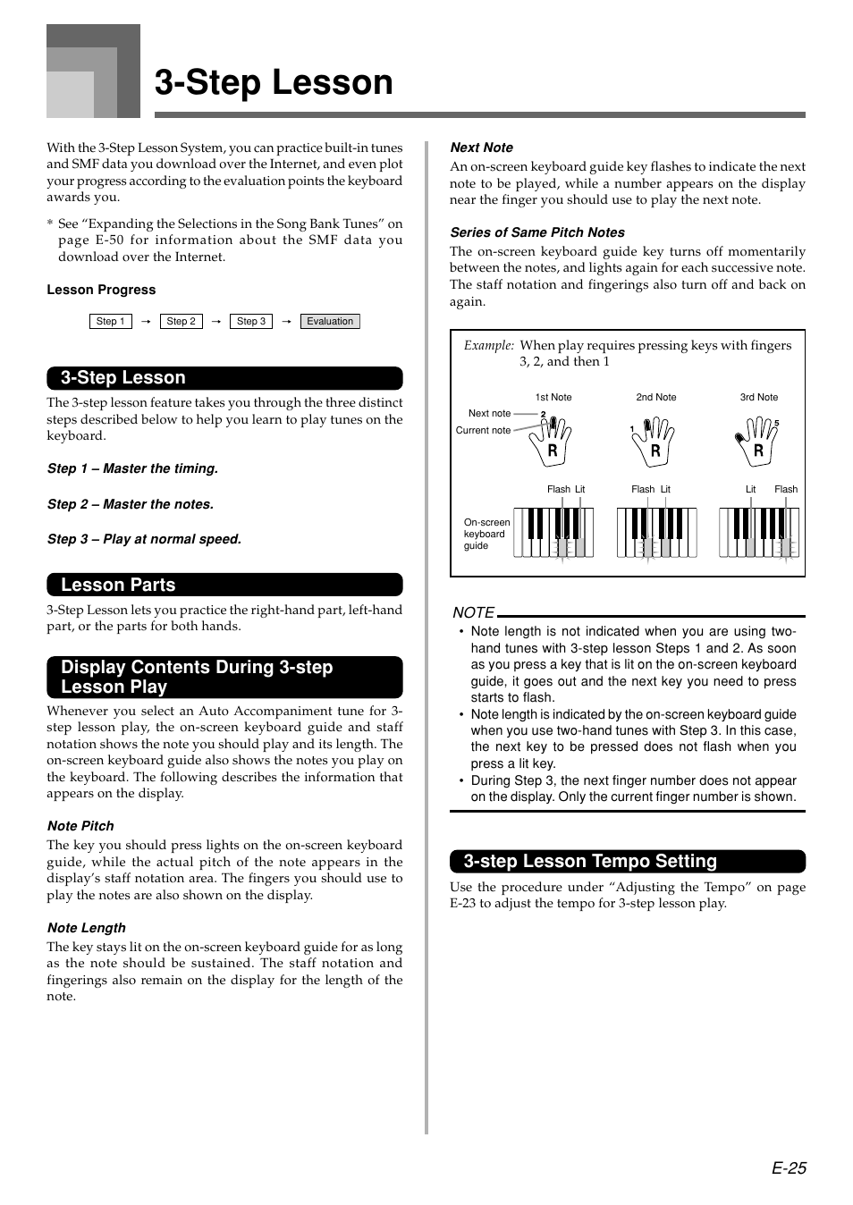 Step lesson, Lesson parts, Display contents during 3-step lesson play | Step lesson tempo setting, E-25 | Casio WK110 User Manual | Page 27 / 71