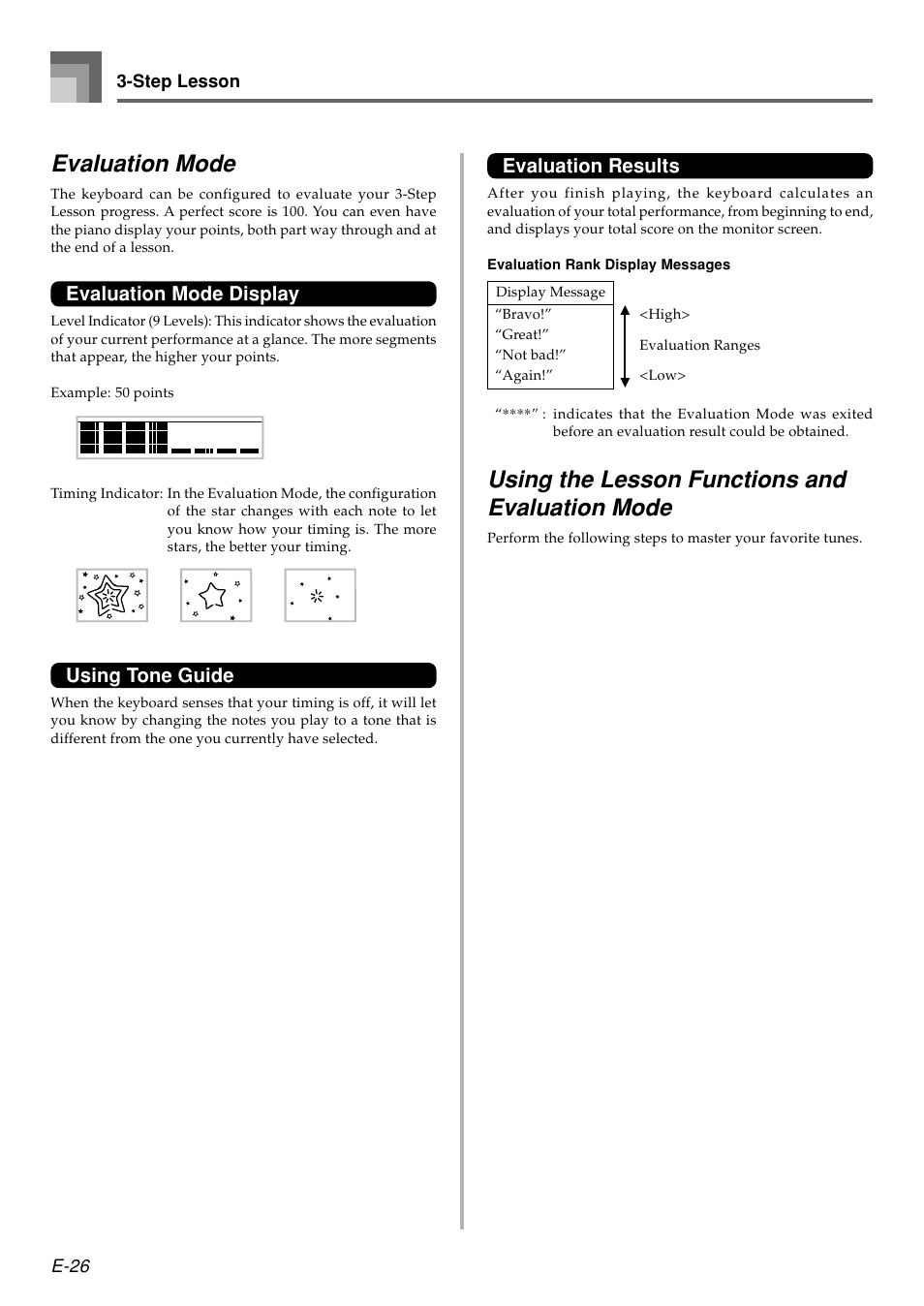 Evaluation mode, Using the lesson functions and evaluation mode, Evaluation mode display | Using tone guide, Evaluation results | Casio WK110 User Manual | Page 28 / 71