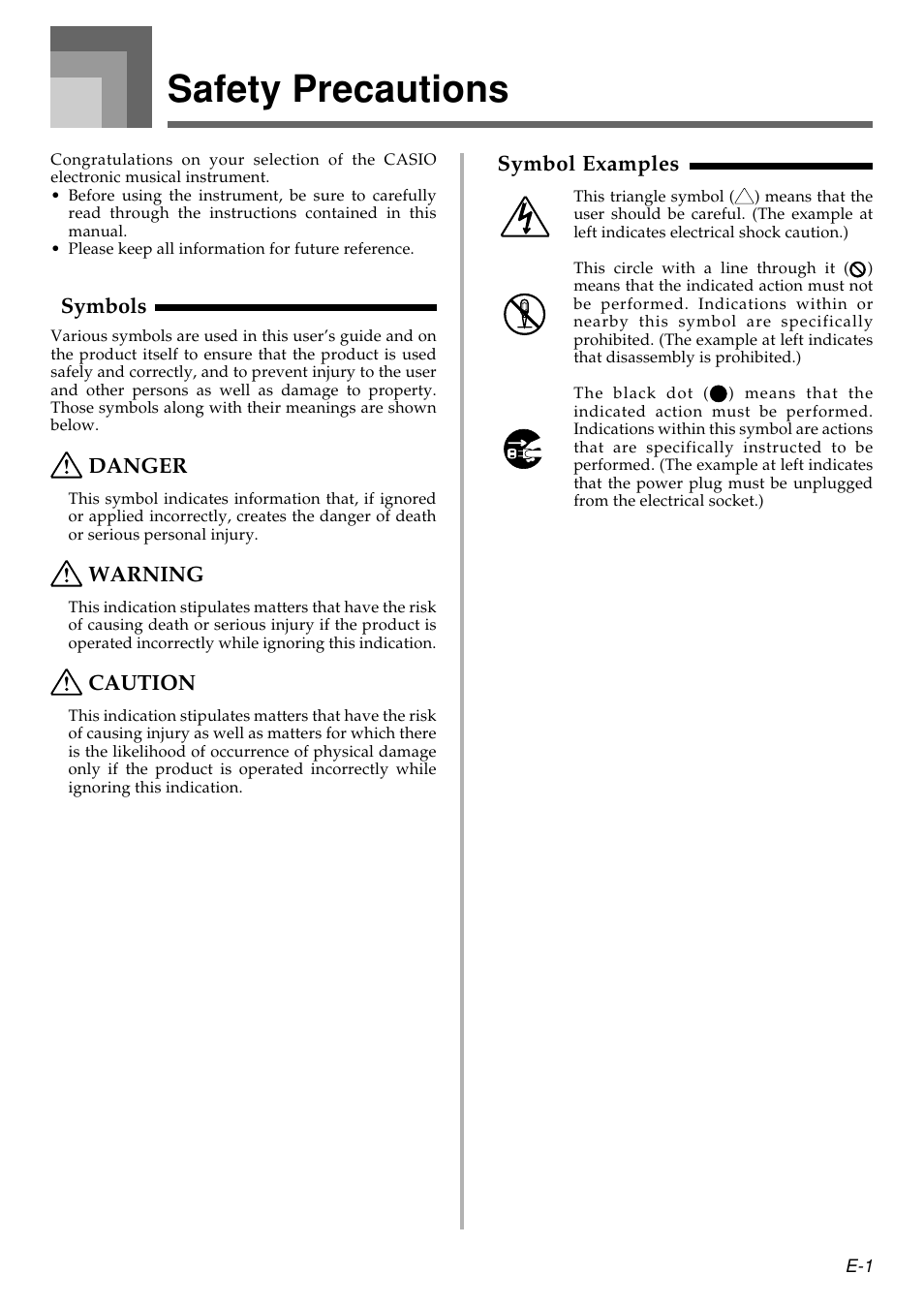 Safety precautions, Symbols, Danger | Warning, Caution, Symbol examples | Casio WK110 User Manual | Page 3 / 71