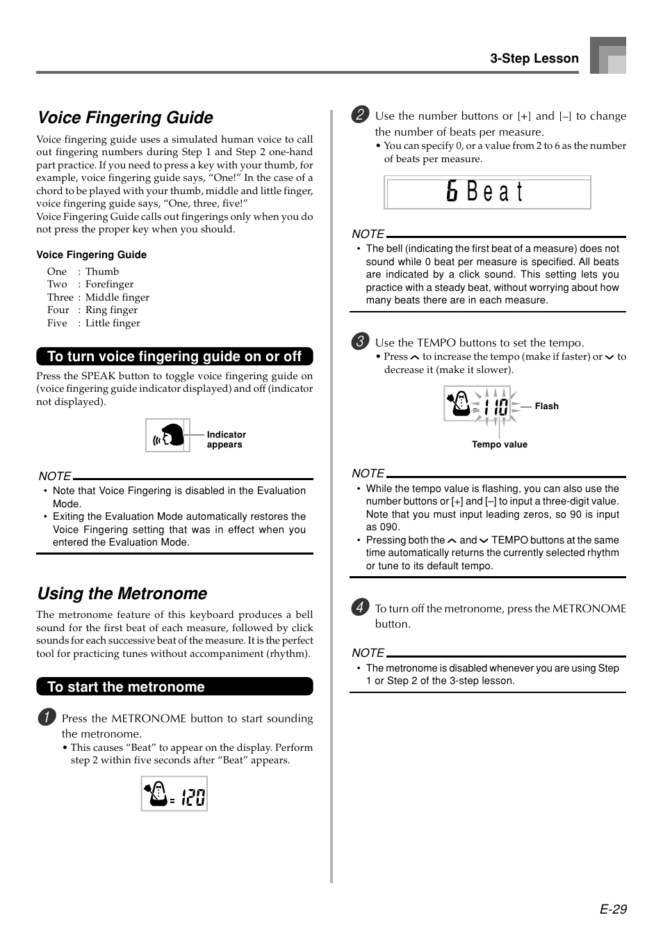 B e a t, Voice fingering guide, Using the metronome | Casio WK110 User Manual | Page 31 / 71