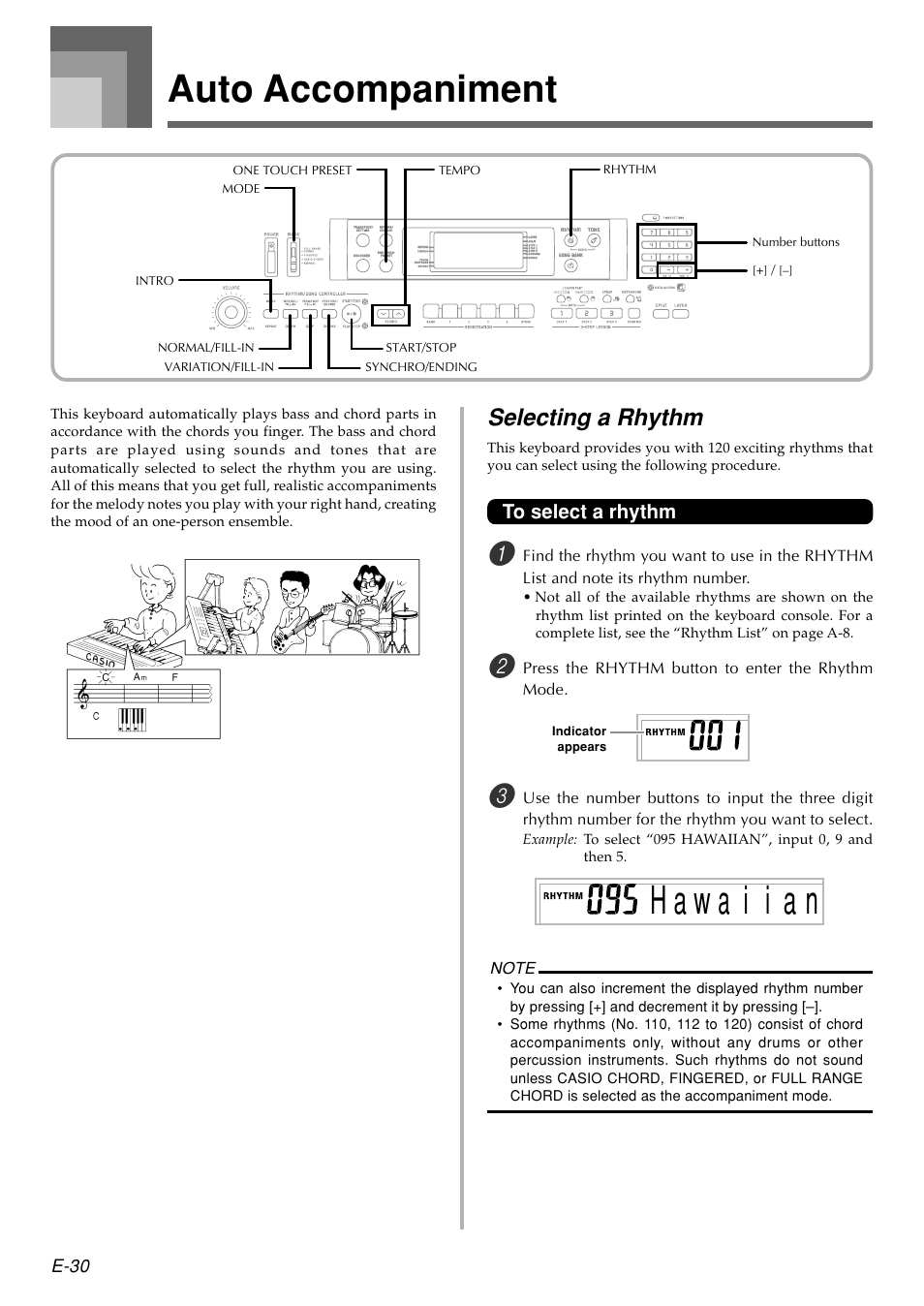 Auto accompaniment, Selecting a rhythm | Casio WK110 User Manual | Page 32 / 71