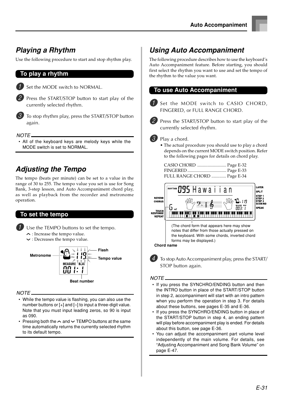 Playing a rhythm, Adjusting the tempo, Using auto accompaniment | Casio WK110 User Manual | Page 33 / 71