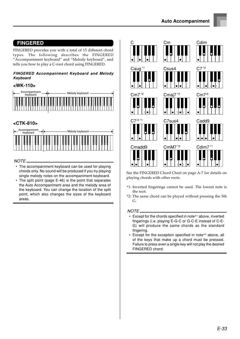 Fingered, E-33, Auto accompaniment | Casio WK110 User Manual | Page 35 / 71