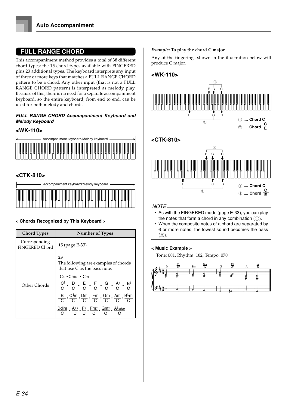 Full range chord, E-34, Auto accompaniment | Casio WK110 User Manual | Page 36 / 71