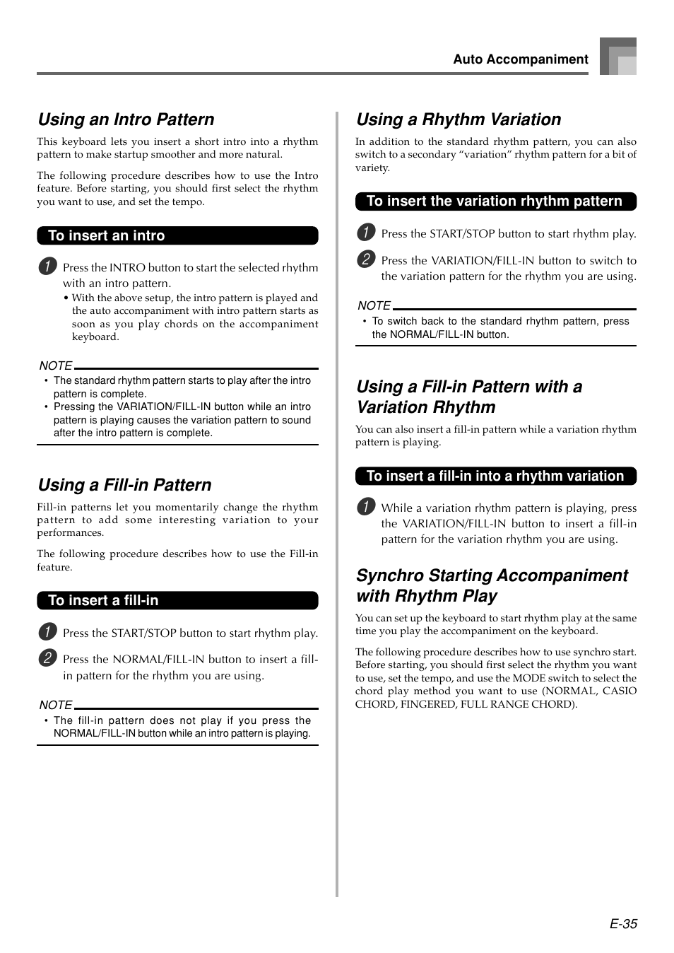 Using an intro pattern, Using a fill-in pattern, Using a rhythm variation | Using a fill-in pattern with a variation rhythm, Synchro starting accompaniment with rhythm play | Casio WK110 User Manual | Page 37 / 71