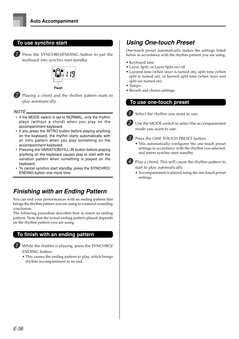 Finishing with an ending pattern, Using one-touch preset | Casio WK110 User Manual | Page 38 / 71