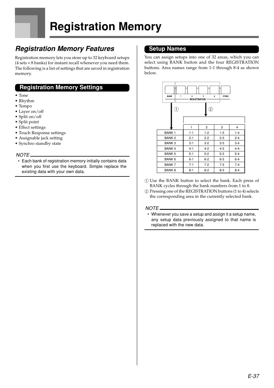 Setup names, E-37 | Casio WK110 User Manual | Page 39 / 71