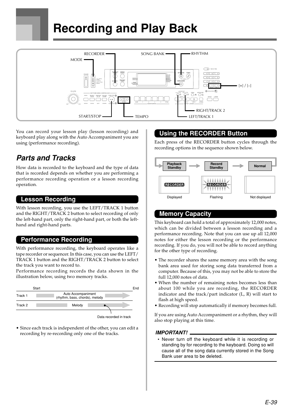 Recording and play back, Parts and tracks, Lesson recording | Performance recording, Using the recorder button, E-39 | Casio WK110 User Manual | Page 41 / 71