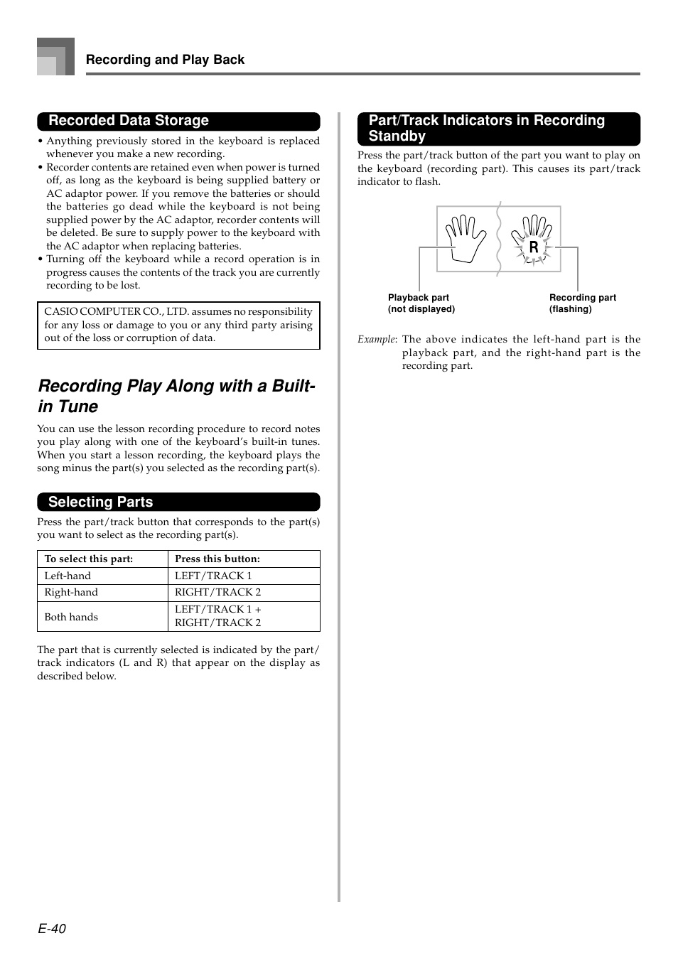 Recording play along with a built- in tune, Recorded data storage, Selecting parts | Part/track indicators in recording standby | Casio WK110 User Manual | Page 42 / 71