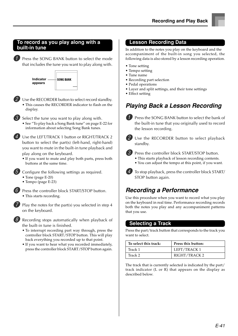 Playing back a lesson recording, Recording a performance | Casio WK110 User Manual | Page 43 / 71