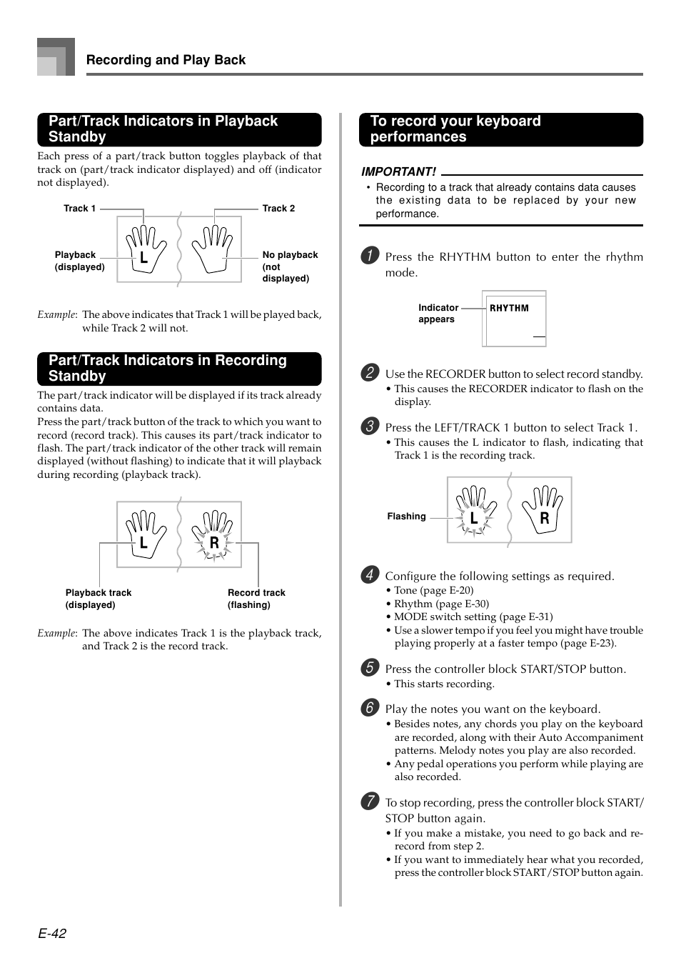 Part/track indicators in playback standby, Part/track indicators in recording standby | Casio WK110 User Manual | Page 44 / 71