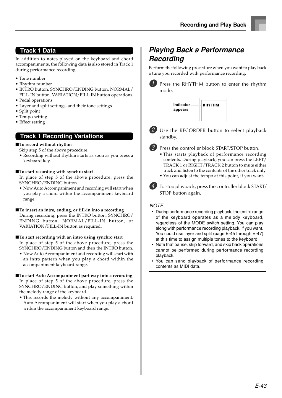 Playing back a performance recording, Track 1 data, Track 1 recording variations | Casio WK110 User Manual | Page 45 / 71