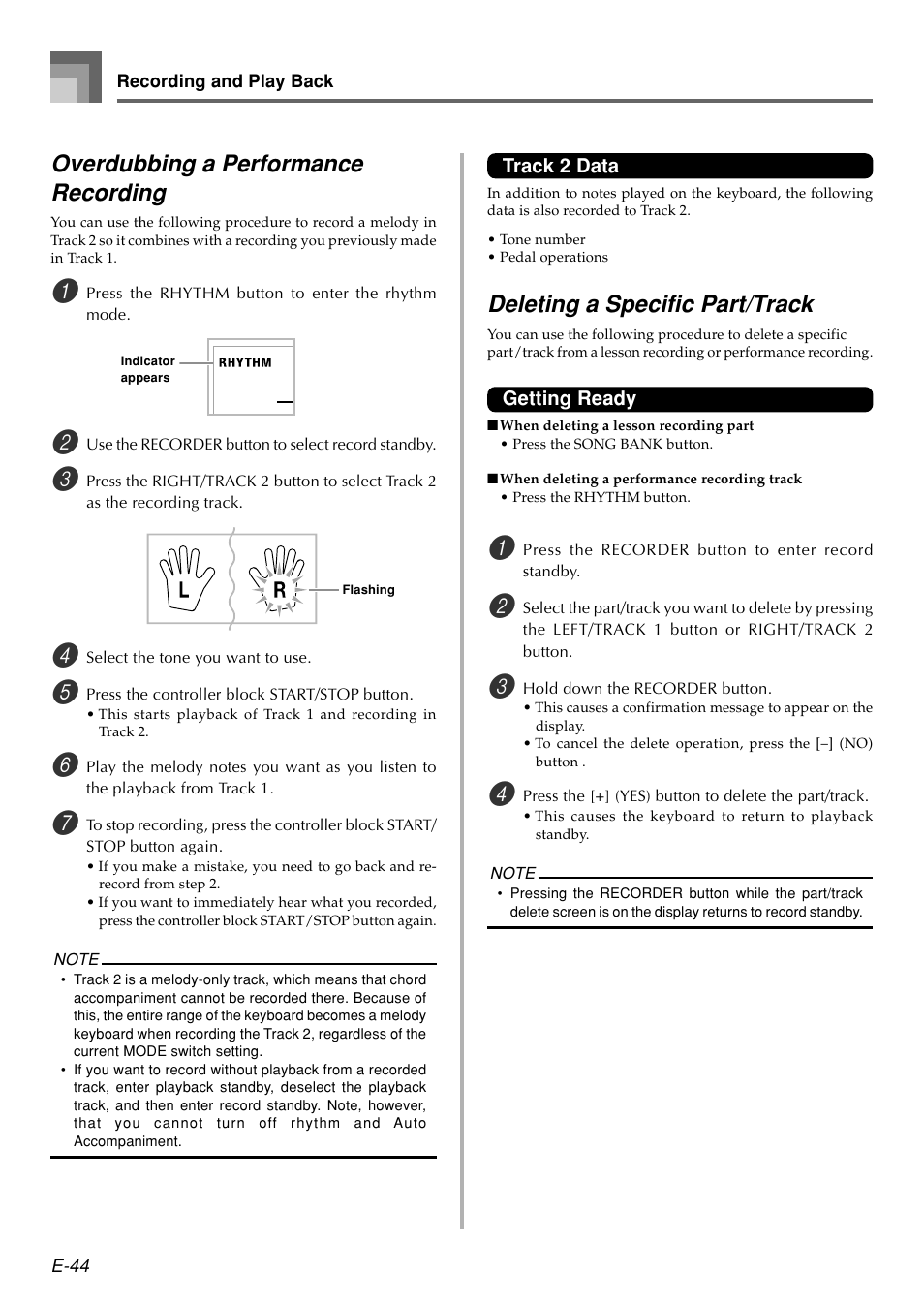Overdubbing a performance recording, Deleting a specific part/track | Casio WK110 User Manual | Page 46 / 71