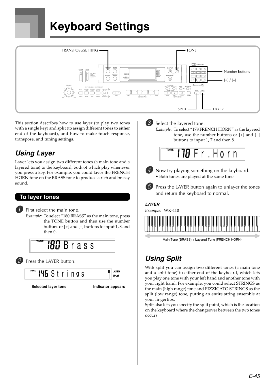 F r . h o r n, Keyboard settings, Using layer | Using split | Casio WK110 User Manual | Page 47 / 71