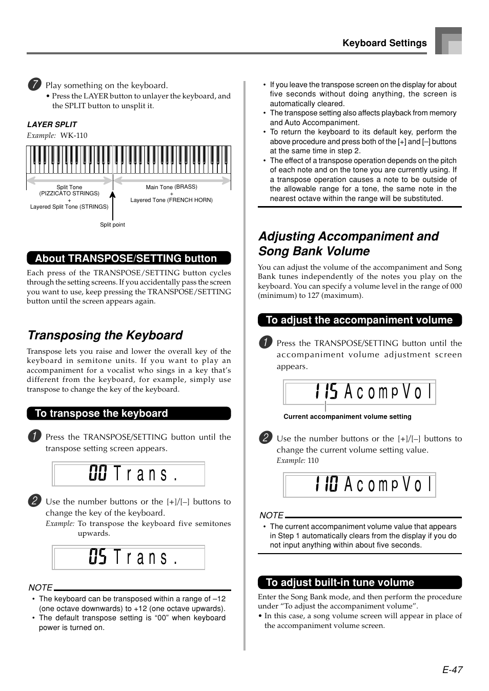 V o l, Transposing the keyboard, Adjusting accompaniment and song bank volume | Casio WK110 User Manual | Page 49 / 71