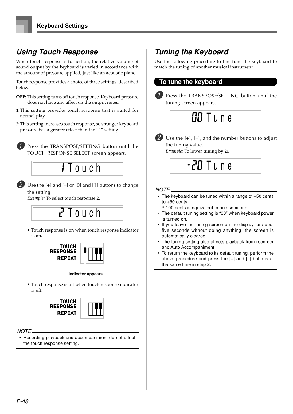 Using touch response, Tuning the keyboard | Casio WK110 User Manual | Page 50 / 71