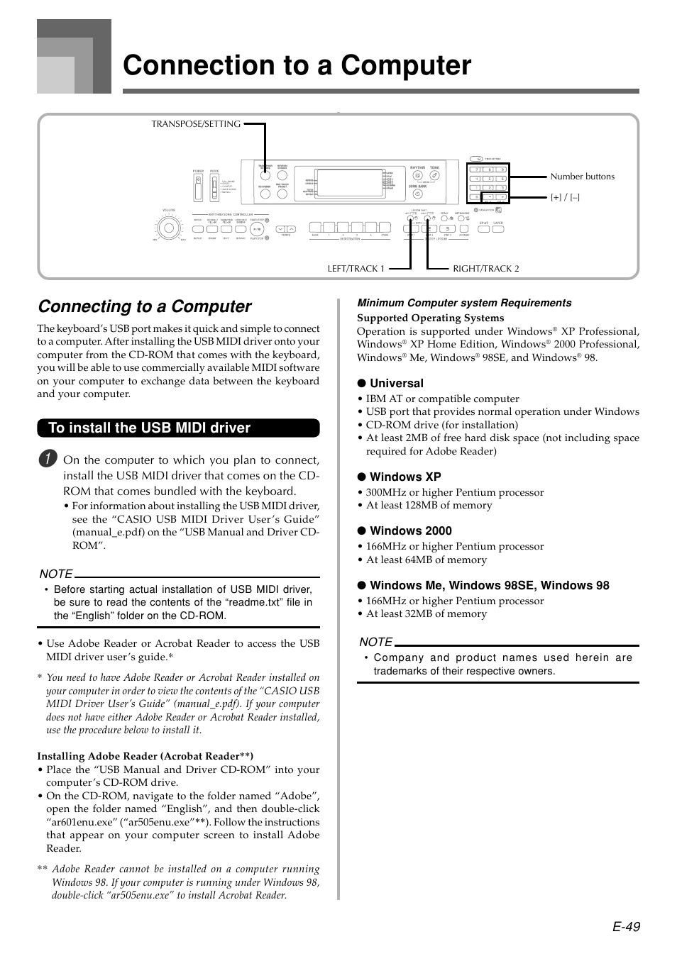 Connection to a computer, Connecting to a computer, E-49 | Casio WK110 User Manual | Page 51 / 71