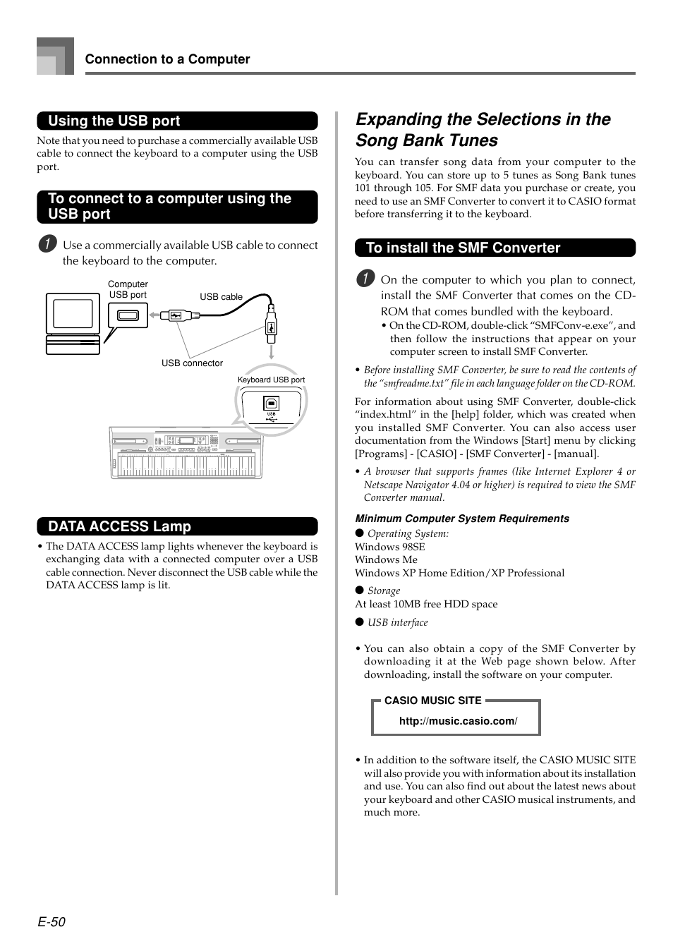 Expanding the selections in the song bank tunes, Using the usb port, Data access lamp | Casio WK110 User Manual | Page 52 / 71