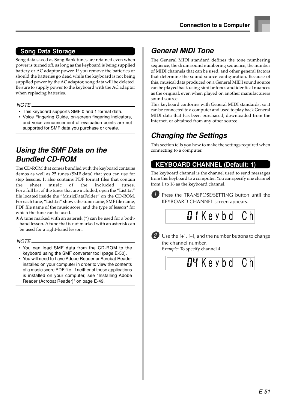 B d c h, Using the smf data on the bundled cd-rom, General midi tone | Changing the settings | Casio WK110 User Manual | Page 53 / 71