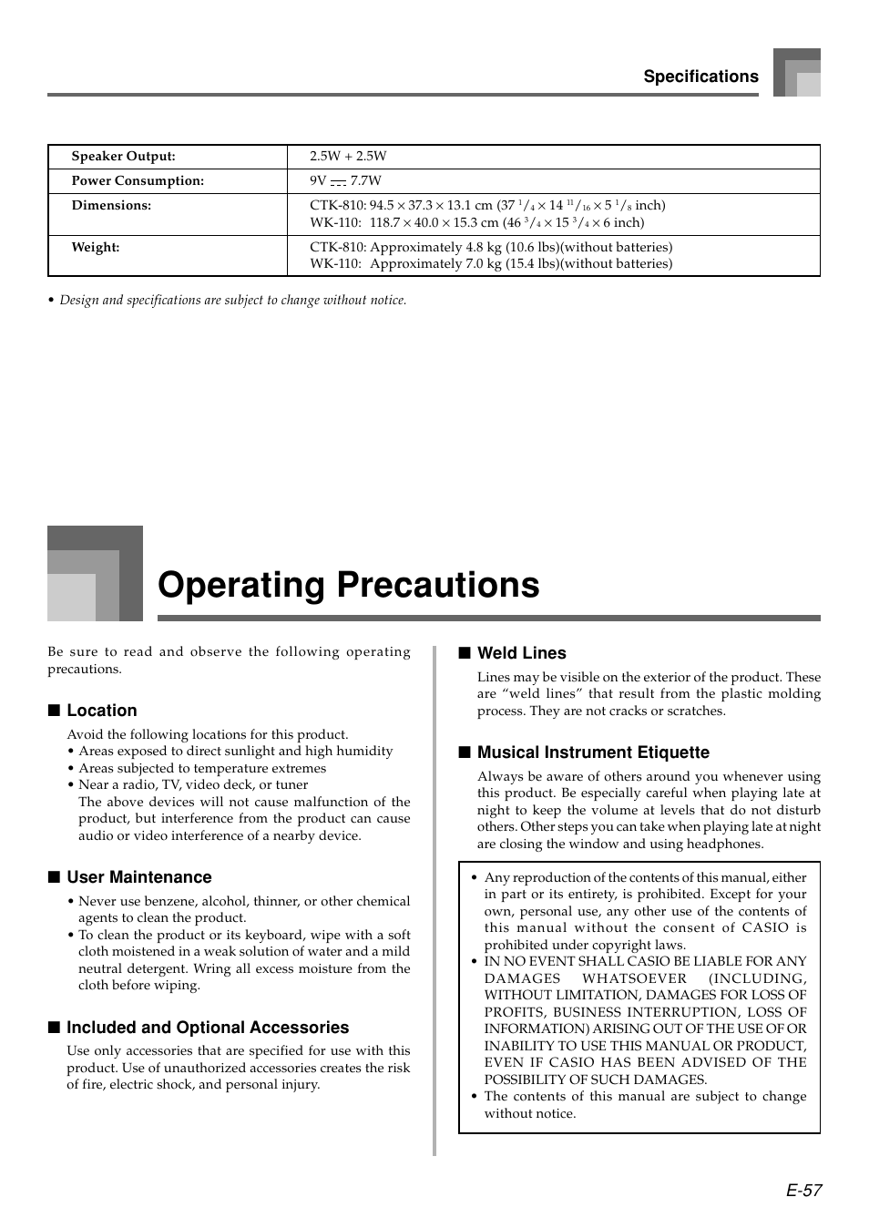 Operating precautions, E-57 specifications, Location | User maintenance, Included and optional accessories, Weld lines, Musical instrument etiquette | Casio WK110 User Manual | Page 59 / 71